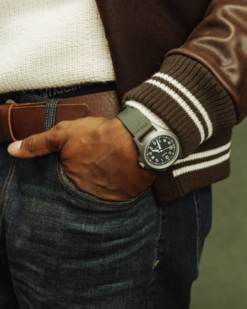on model image of Huckberry x Timex Titanium Automatic Field Watch