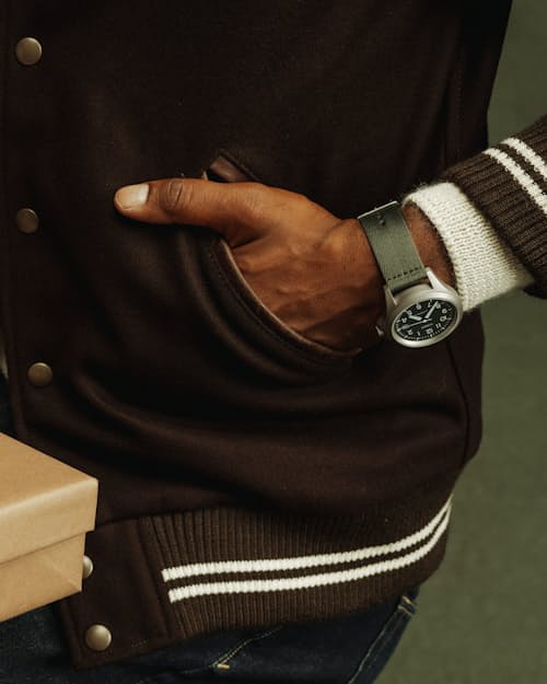 on model image of Leather and Wool-Blend Varsity Bomber Jacket
