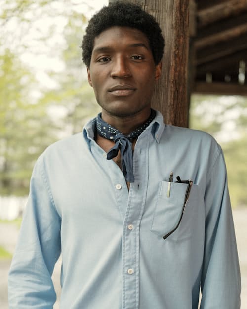 lifestyle image of Indigo Discharge Bandana