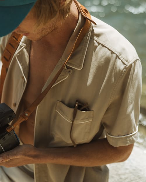 lifestyle image of Camp Collar Tipped Short Sleeve Shirt