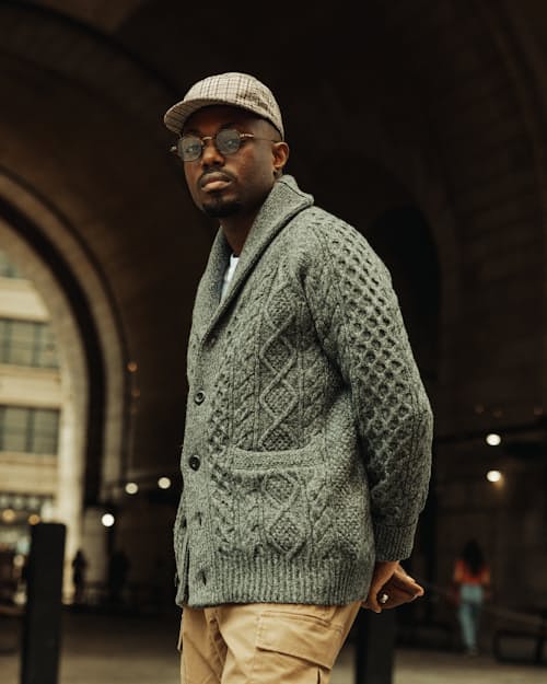 lifestyle image of Aran Cable Knit Cardigan Sweater