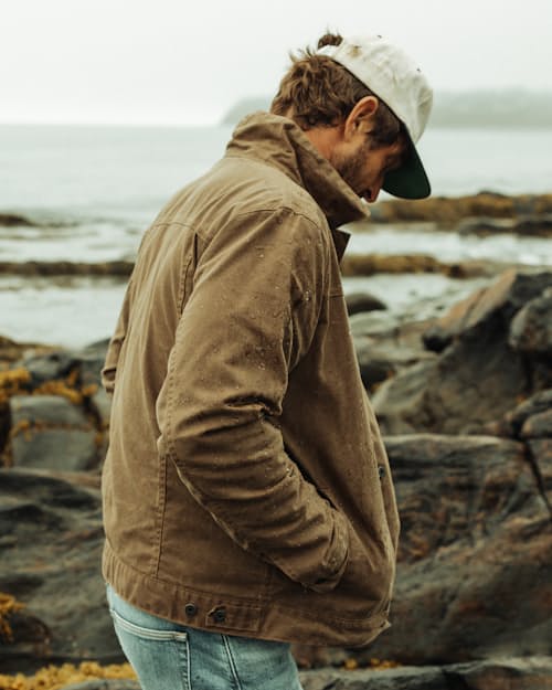 lifestyle image of Flannel-Lined Waxed Trucker Jacket