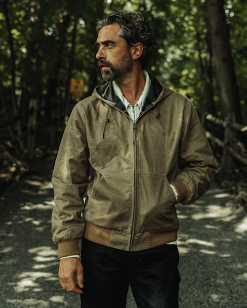 lifestyle image of Flannel-Lined Hooded Waxed Jacket