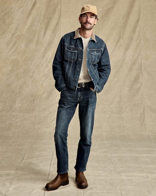 on model image of Flannel-Lined Denim Trucker Jacket