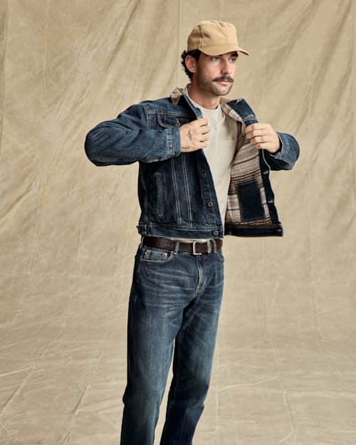 on model image of Flannel-Lined Denim Trucker Jacket