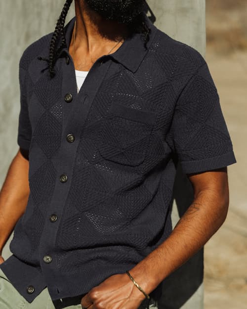 lifestyle image of Textured Button-Up Sweater Polo