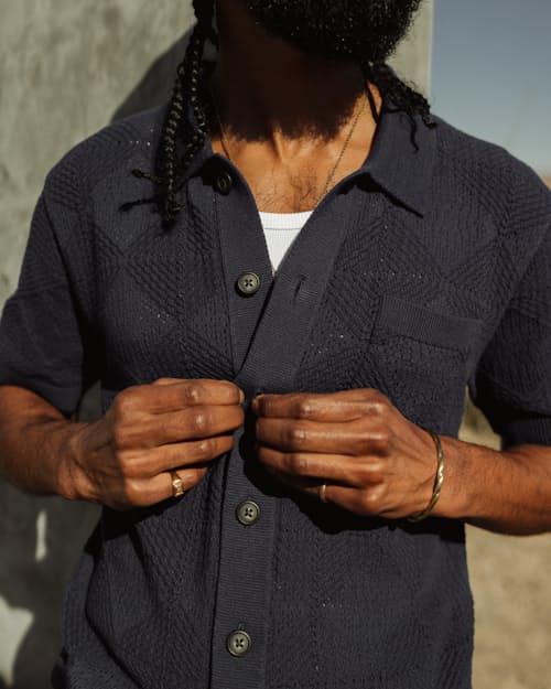 lifestyle image of Textured Button-Up Sweater Polo