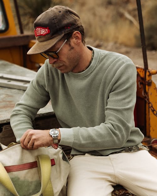 lifestyle image of Lightweight Garment Dyed Crewneck Sweater