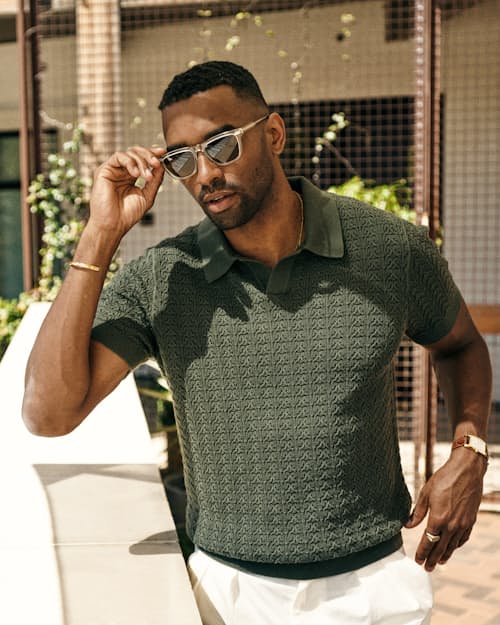 lifestyle image of Retro Stitch Johnny Collar Polo