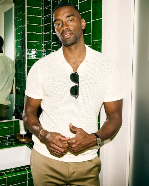 lifestyle image of Crochet Knit Polo Shirt