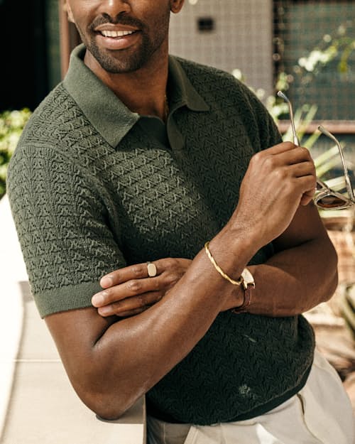lifestyle image of Retro Stitch Johnny Collar Polo