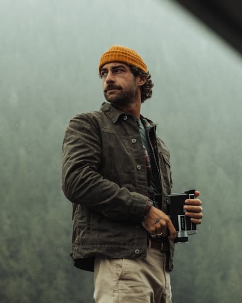 lifestyle image of Flannel-Lined Waxed Trucker Jacket