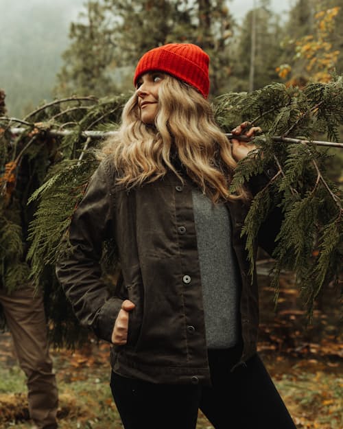 lifestyle image of Women's Flannel-Lined Waxed Trucker Jacket