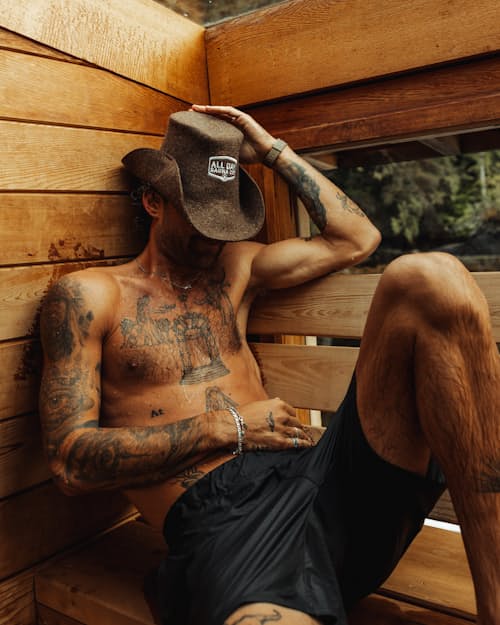 lifestyle image of Wool Cowboy Sauna Hat