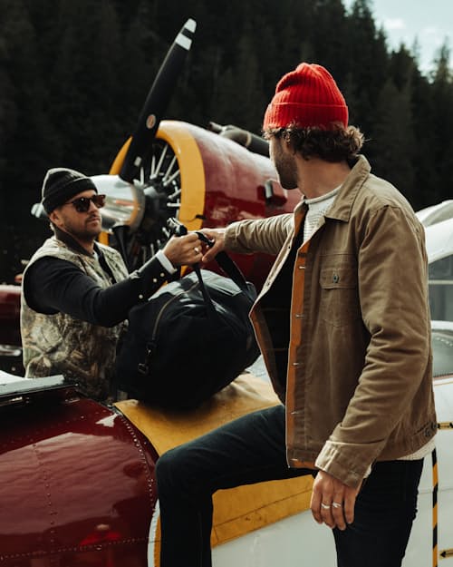 lifestyle image of Flannel-Lined Waxed Trucker Jacket