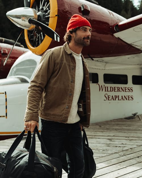 lifestyle image of Flannel-Lined Waxed Trucker Jacket