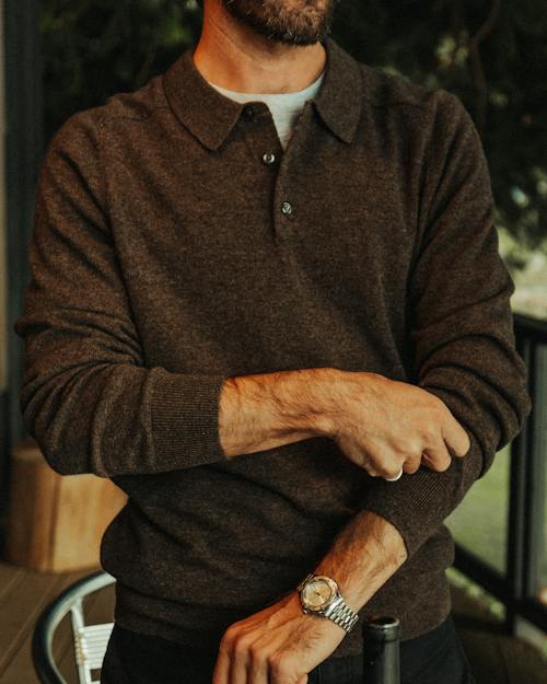 lifestyle image of Merino-Cashmere Long Sleeve Polo