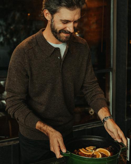 lifestyle image of Merino-Cashmere Long Sleeve Polo