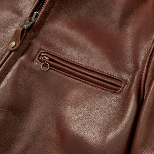 laydown detail image of Waxed Natural Pebbled Cowhide Cafe Leather Jacket