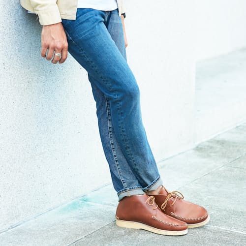 laydown image of Lucas Leather Moccasin Boot