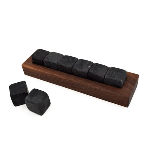 laydown image of Dark Granulite Hornblende Whiskey Stones with Tray