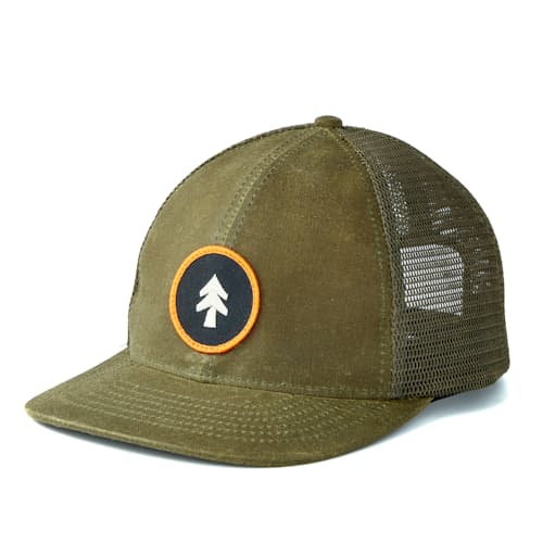 laydown image of Waxed Canvas Tree Trucker Hat - Medium Profile
