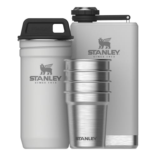 laydown image of Adventure Pre-Party Shot Glass + Flask Set