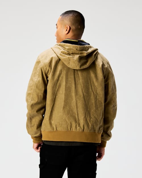 on model image of Flannel-Lined Hooded Waxed Jacket