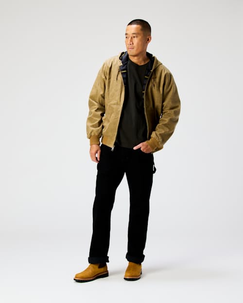 on model image of Flannel-Lined Hooded Waxed Jacket