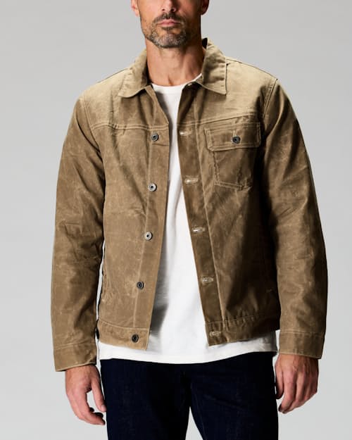 on model image of Flannel-Lined Waxed Trucker Jacket