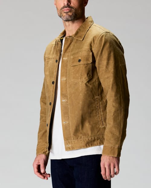 on model image of Flannel-Lined Waxed Trucker Jacket