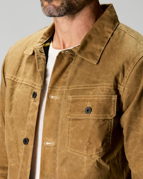 on model image of Flannel-Lined Waxed Trucker Jacket