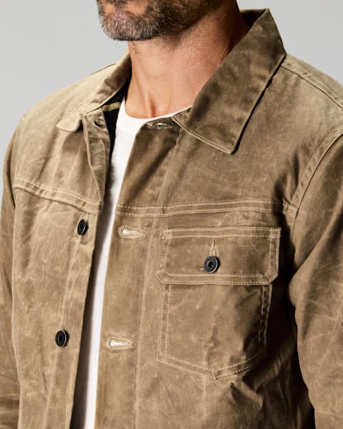 on model image of Flannel-Lined Waxed Trucker Jacket