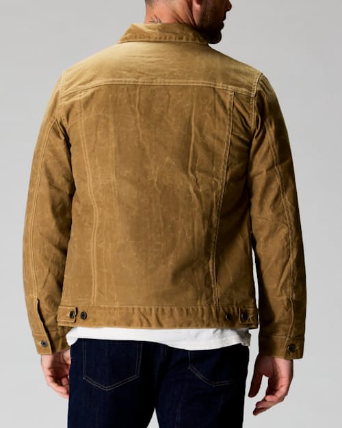 on model image of Flannel-Lined Waxed Trucker Jacket