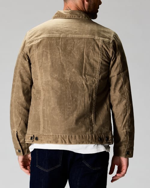 on model image of Flannel-Lined Waxed Trucker Jacket