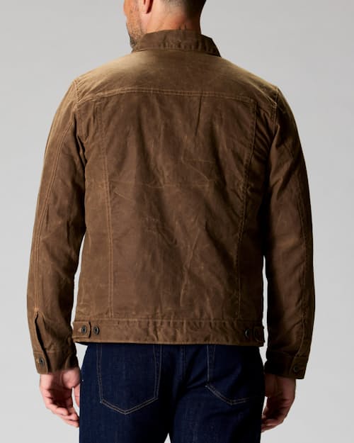on model image of Flannel-Lined Waxed Trucker Jacket