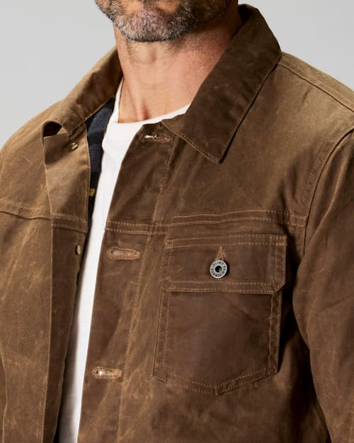 on model image of Flannel-Lined Waxed Trucker Jacket