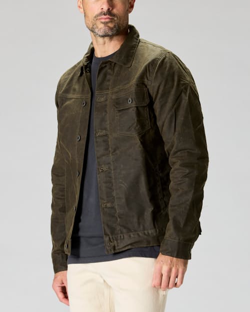on model image of Flannel-Lined Waxed Trucker Jacket