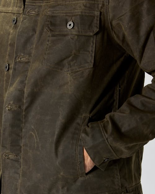 on model image of Flannel-Lined Waxed Trucker Jacket