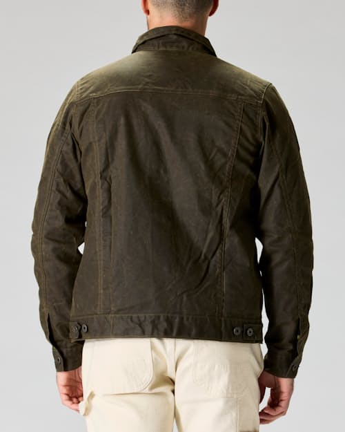 on model image of Flannel-Lined Waxed Trucker Jacket