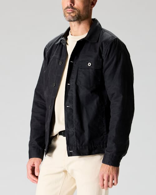 on model image of Flannel-Lined Waxed Trucker Jacket