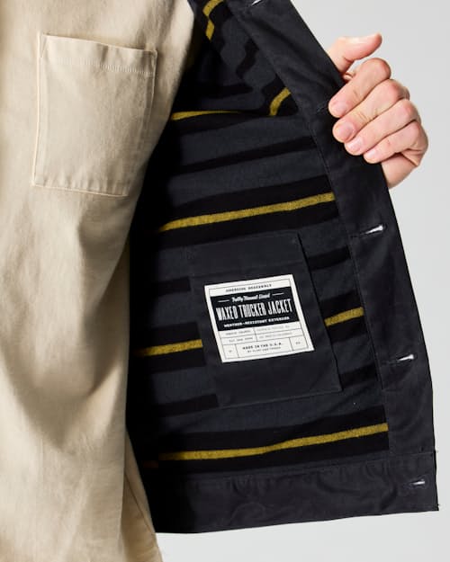 on model image of Flannel-Lined Waxed Trucker Jacket