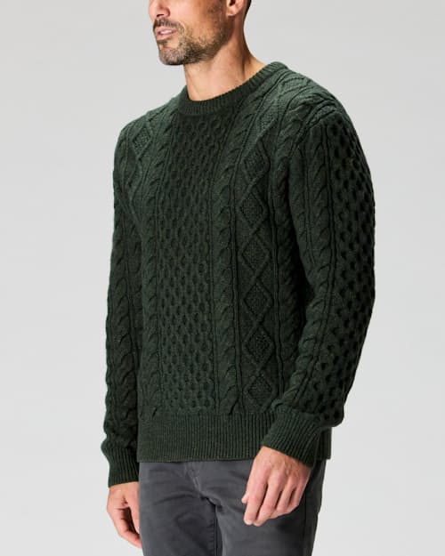 on model image of Aran Cable Knit Crewneck Sweater