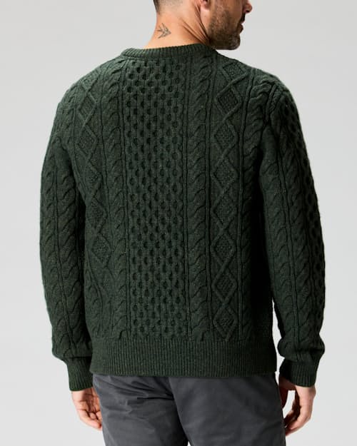 on model image of Aran Cable Knit Crewneck Sweater