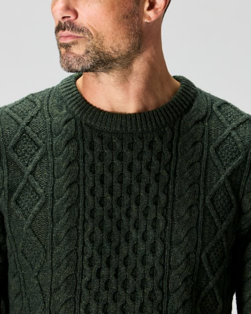 on model image of Aran Cable Knit Crewneck Sweater