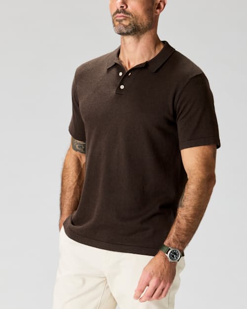 on model image of Fine Ribbed Cotton Cashmere Polo Shirt