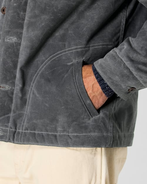 on model image of Flannel-Lined Quilted Waxed Rancher