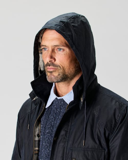 on model image of Flannel-Lined Waxed Hudson Jacket