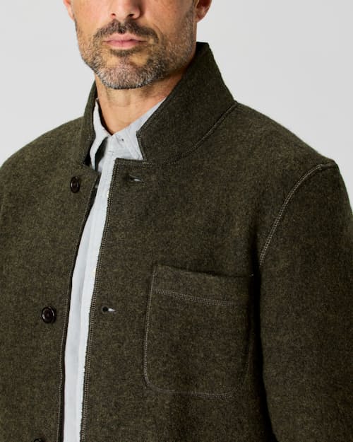 on model image of The Boiled Wool Chore Blazer