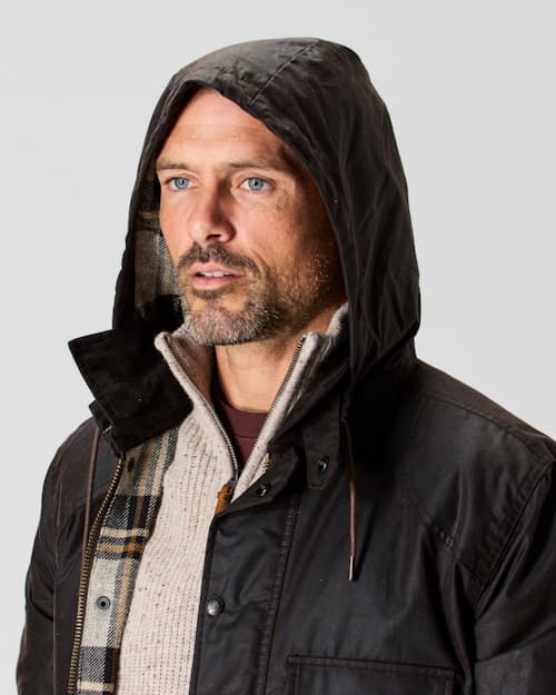 on model image of Flannel-Lined Waxed Hudson Jacket